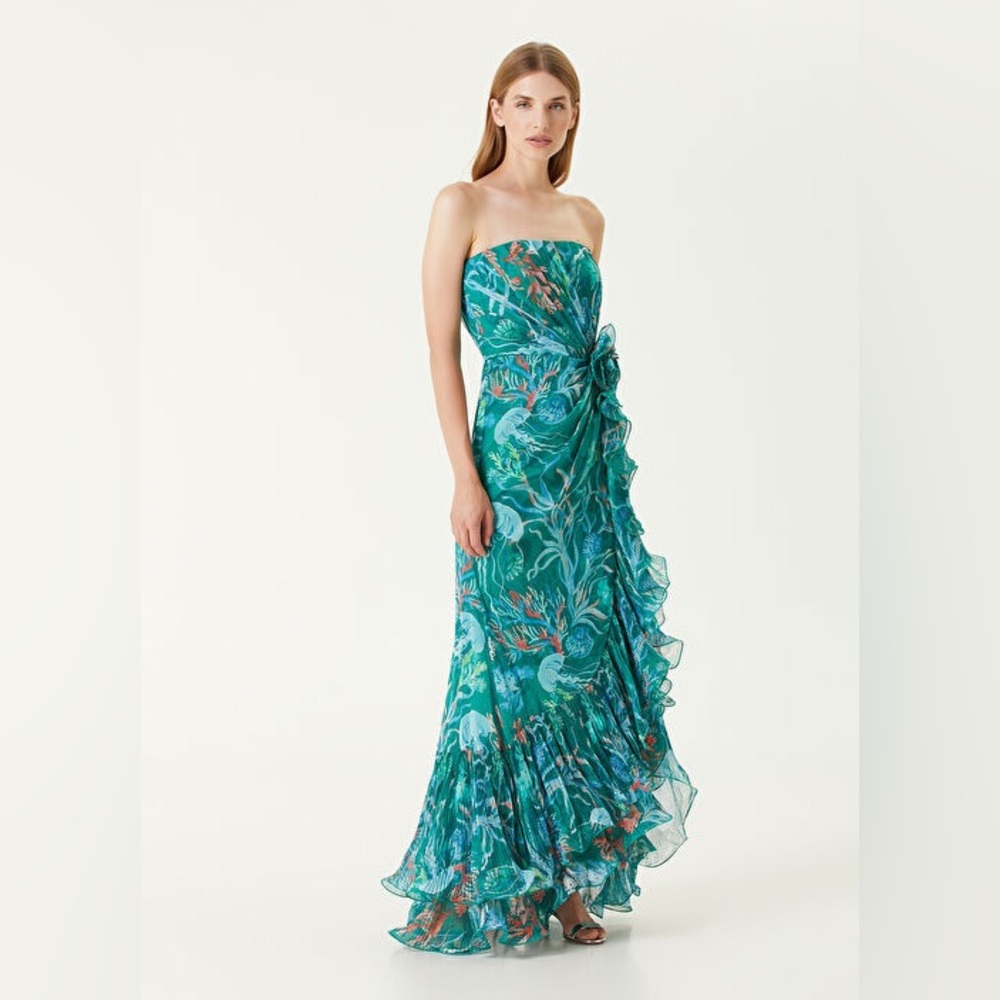 NWT Tadashi Shoji Strapless Pleated Ruffle A-line Gown - Picture 3 of 12